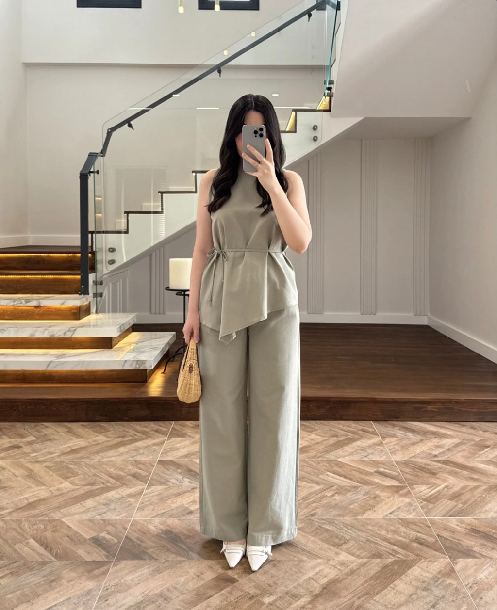 ENSEMBLE CHEMISE ET PANTALON ASYMÉTRIQUE NATUREL