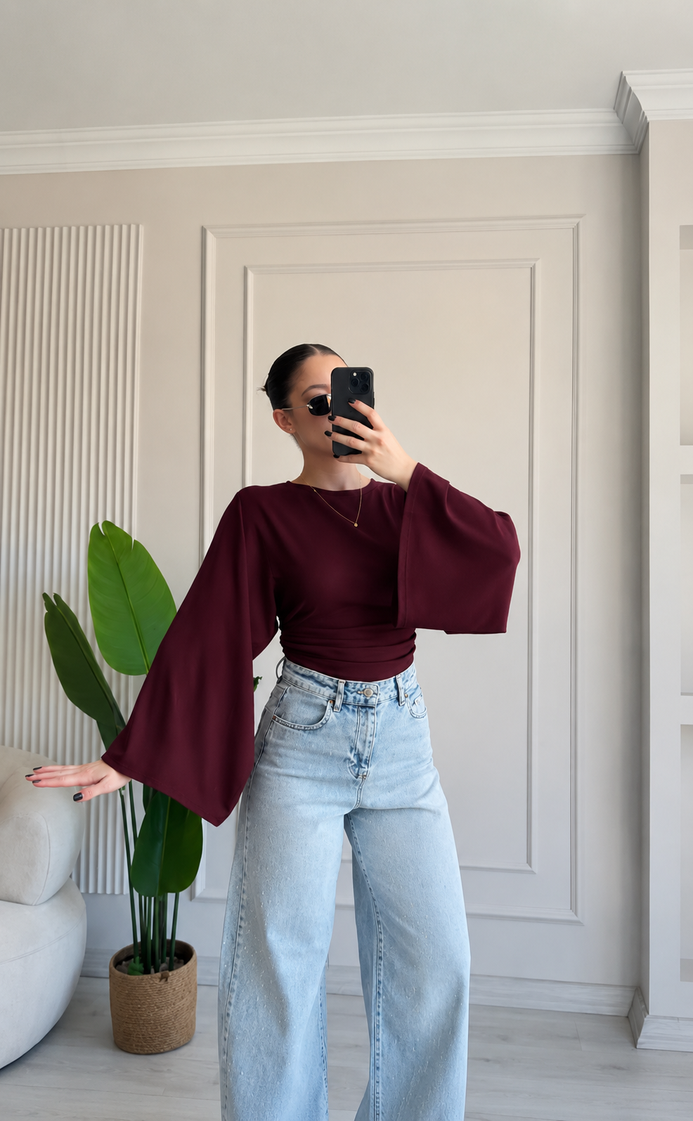 BLOUSE À TAILLE FRONCÉE ET MANCHES AMPLES